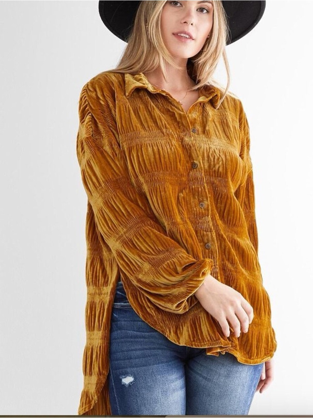 Free People Crushed Velvet Button-Down Shirt in Golden Mustard